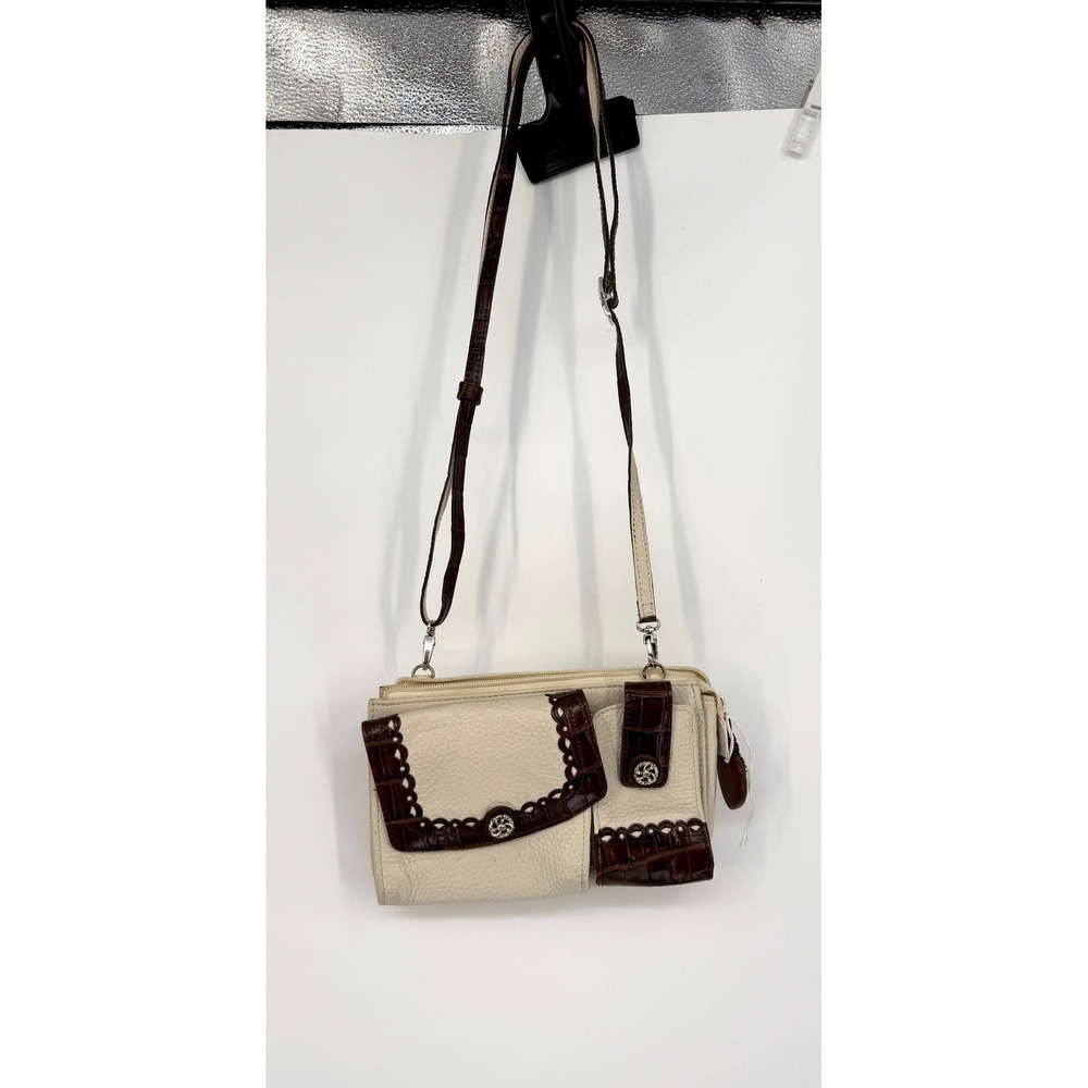 Vintage Brighton Cream Brown Leather Crossbody Wallet Organizer Purse Y2K‎